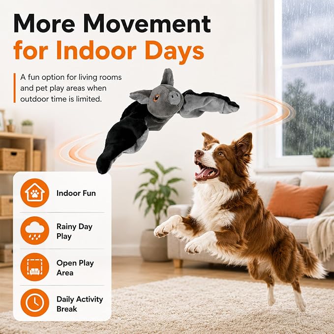 Flying Bat Dog Toy, Battery Operated Interactive Toy for Large Dogs (1PC) | Soft Plush Material, Motion Sensor Activation, Realistic Chirping and Flapping Sounds, USB Rechargeable, Indoor Pet Play