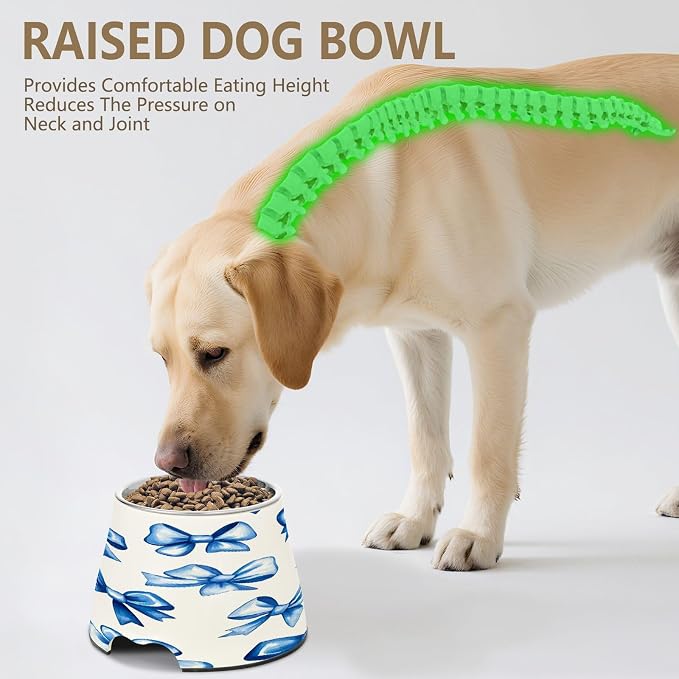YETTASBIN Blue Bow Elevated Dog Bowls, Prevention of Vertebrae Disease Raised Dog & Cat Bowl Stand with Removable Stainless Steel Bowls, Non-Slip Spill-Proof Pet Food & Water Bowl Dish