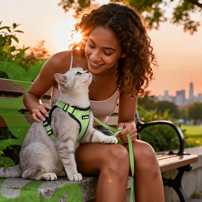 rabbitgoo Cat Harness and Leash Set, Escape Proof Vest, Light Green | Soft Breathable Mesh, Easy Adjustable Fit, Snap Buckles, Sturdy Clip, Reflective Strips, for Small & Average Cats Walks, Xs