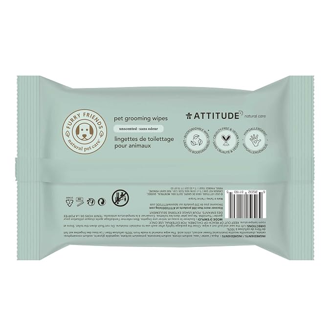 ATTITUDE Pet Grooming Wipes, Unscented, 72 Count (Pack of 2)