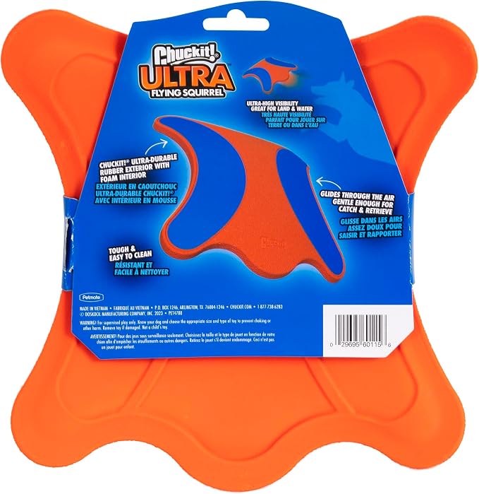 Chuckit! Flying Squirrel Fetch Dog Toy, Medium, 9.5in, Orange and Blue, Pack of 12