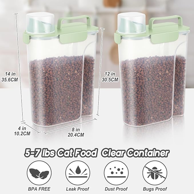 LEAWALK 5Lbs /6Qt/5L Airtight Cat Dog Food Storage Container with Upgraded Large Nozzle BPA-Free, 2-Pack, 5Lbs, Green