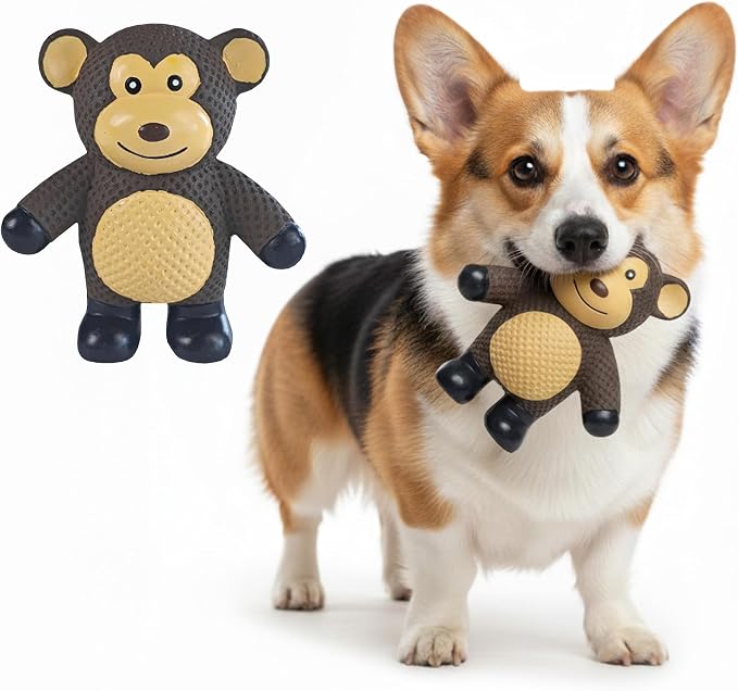 My Pet & Me Rubber Squeaky Dog Toys for Small Dogs and Puppies, Soft Latex Squeak Toy for Light to Moderate Chewers, Teething and Fetch Play with Squeaker (Brown Monkey, 4.3 Inch)