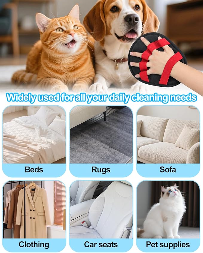 Pet Hair Removal Glove，Five-Finger Design Electrostatic Magic Brush Pet Hair Remover, Reusable Grooming Gloves, Cat & Dog Hair Tool for Carpet, Couch, Furniture and Clothing (Red)