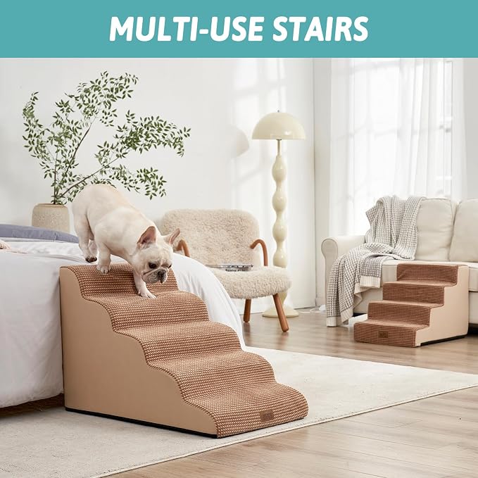 COZY KISS Extra Wide Dog Stair for Small Dog, 5 Step Pet Ramp for Bed | Curved Stable Dog Step for Puppy, Older Cat, Senior, Medium, Short-Legged Dog, Non-Slip Ladder for High Bed, Light Brown