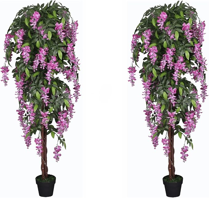 Pair AMERIQUE 6 Feet Faux Purple Red Wisteria Artificial Trees with Nursery Plastic Pots, Feel Real Technology