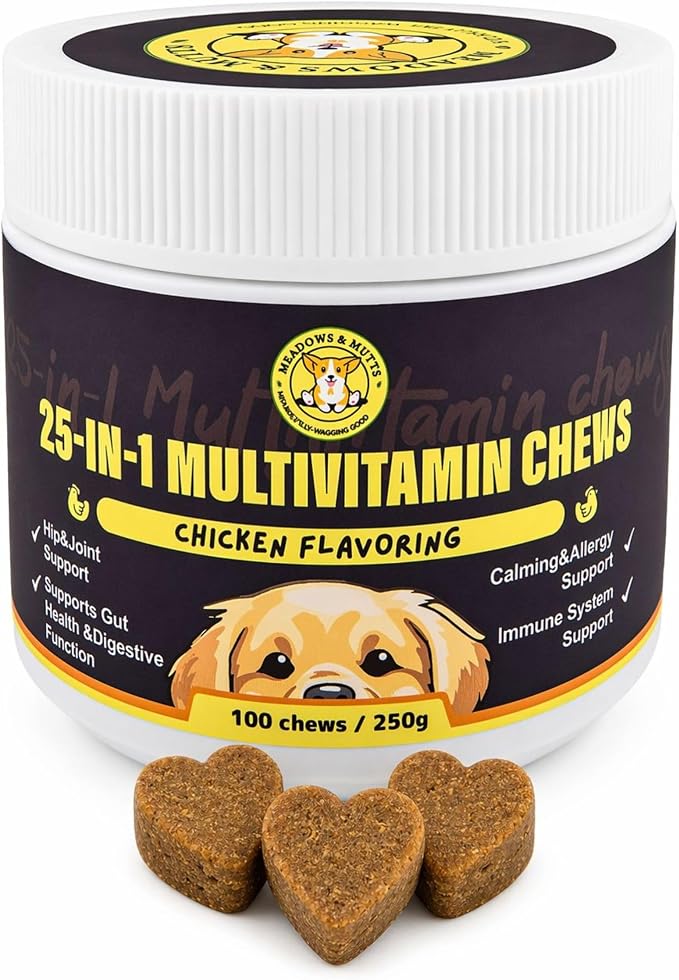 MEADOWS & MUTTS 25-in-1 Multivitamin for Dogs, 100 Soft Chews – Daily Dog Vitamins with Glucosamine, MSM, Omega-3 and Probiotics for Joint, Gut, Skin & Coat and Immune Support