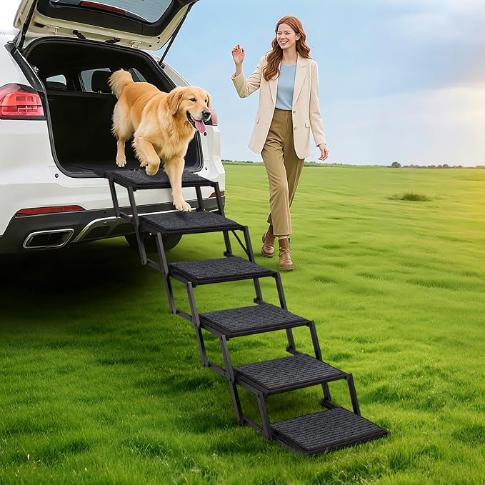Dog Steps for Car, Truck and SUV - Foldable Pet Stairs for Large Dogs with Non-Slip Rug Surface, Lightweight Dog Ramp Holds Up to 250lbs, 6 Steps