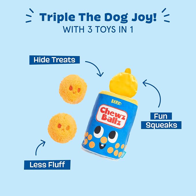 BarkBox Chewz Ballz Dog Toy - 3-in-1 - for Medium to Large Dogs | Plush Set with 2 Squeakers, Crinkle & Treat-Hiding Can