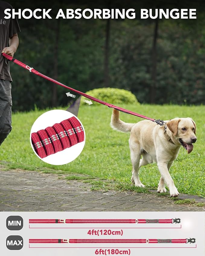 Joytale Tactical Dog Collar(17"-21") and Dog Leash Set, Shock Absorbing Bungee Dog Leash and Adjustable Strong Dog Collar with Handle for Large Dogs(Hotpink, L)