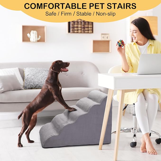CiWiVOKi Dog Stairs for Bed and Couch, Non-Slip 5-Step Pet Stairs, 24" High Sofa Foam Dog Ramp - Best for Small Pets, Dogs and Cats with Joint Pain