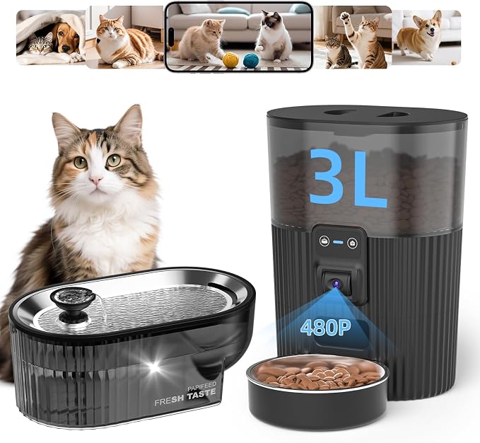 PAPIFEED Automatic Cat Feeder with Camera，‌Adjustable Angle 2.4G WiFi/App Pet Food Dispenser，3.5L/15 Cup Timed Dispenser