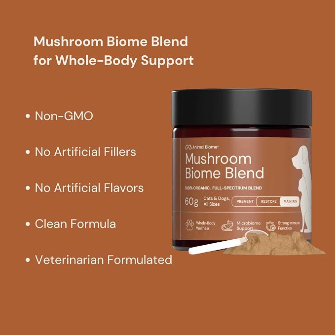 Animal Biome Organic Mushroom Powder for Dogs & Cats, Easy Food Topper 60g