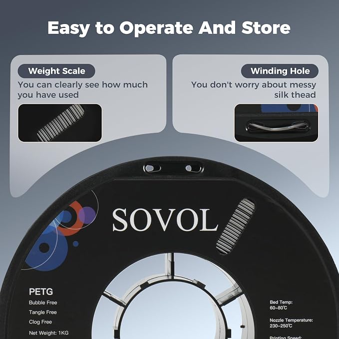 Sovol 3D Printer PETG Filament 1.75mm 1KG (2.2lbs), High Precision, Strong Toughness, Wiring Tightness, Dimensional Accuracy +/- 0.03 mm, 3D Printing PETG Filaments, Silver Gray