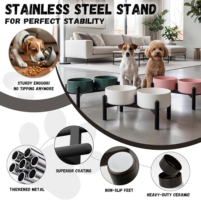 Raised Ceramic Dog Bowl Set - Elevated Double Dishes with Stainless Steel Stand - Food and Water Bowls for Small to Medium Dogs - Each Holds 3.5 Cups (29.57 fl oz) - Green