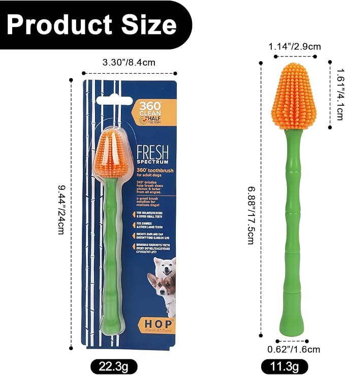 HOP Dog Toothbrush Orange 360° Soft Silicone Bristles Dog Toothbrush Full-Angle Dental Cleaning Green Bamboo-Shaped Long Handle Pet Dental Care for Dogs 6.89in/17.5cm