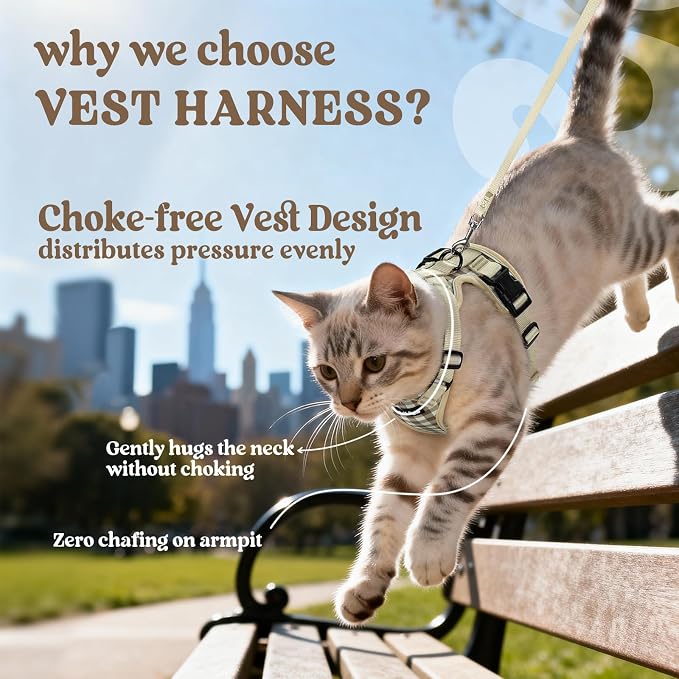 rabbitgoo Cat Harness and Leash Set, Escape Proof Vest, Foamy Coffee | Soft Breathable Mesh, Easy Adjustable Fit, Snap Buckles, Sturdy Clip, Reflective Strips, for Medium to Large Cats Walks, M