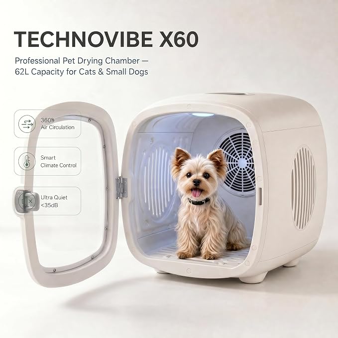 Pet Grooming Dryer Box (For Pets Up to 16lbs) | High-Efficiency & Quiet <26dB, Smart Temperature Control, 25-60 Minute Fast Drying, Negative Ion Hair Care