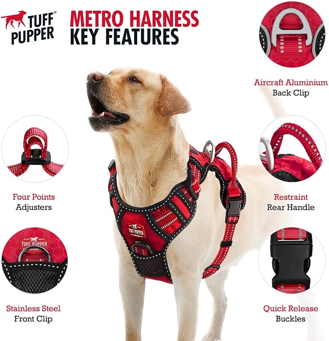 Tuff Pupper No Pull Easy Walk Dog Harness | Heavy Duty Pet Vest | Front & Back Leash Clips | Strong Safety Handle | Reflective Anti Pull Vest | Comfortable Padded Escape Proof Harness (Small, Red)