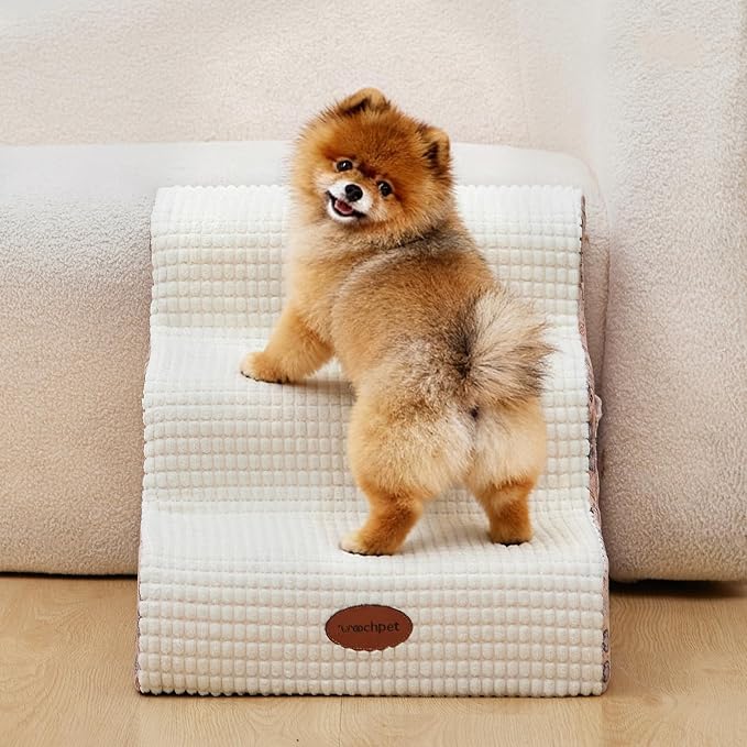 Woochpet 15.7” H Ramp Dog Stairs for Small Dogs, Printed Fabric 3 Tier Wider Curved Pet Stairs for Couch and Beds，Non-Slip Bottom for Old Cats with High-Density Foam and Washable Cover