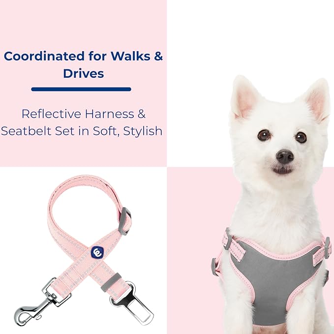 Blueberry Pet Pastel Colored Reflective Dog Harness with Seatbelt Clip – Adjustable No-Pull Pet Vest for Walking and Car Safety, Large Size in Baby Pink