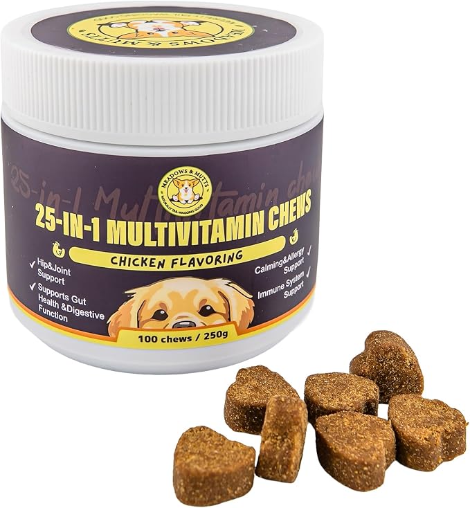 MEADOWS & MUTTS 25-in-1 Multivitamin for Dogs, 100 Soft Chews – Daily Dog Vitamins with Glucosamine, MSM, Omega-3 and Probiotics for Joint, Gut, Skin & Coat and Immune Support