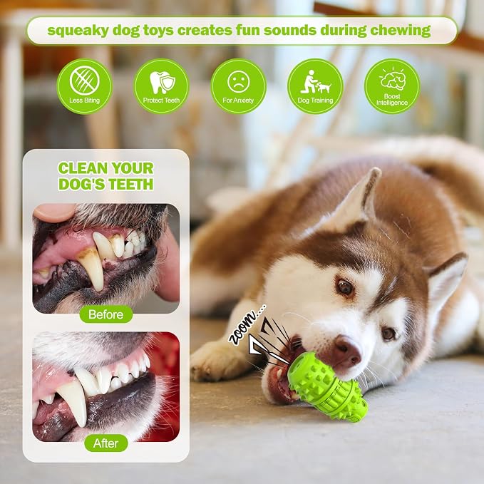 PIFFZEDO Dog Toys for Aggressive Chewers,Interactive Natural Rubber Chew & Squeaky Toy for Large Medium Breed,Dog Toothbrush,Tough & Durable (Green,Large) (Pack of 2)