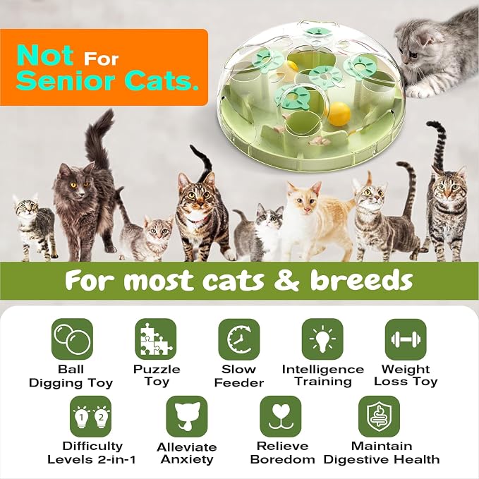 KADTC 2-in-1, Cat Puzzle Toy & Foraging Ball, Treat Hunt for Indoor Cats | Large, secure board makes every meal a brain game: slows fast eating, burns energy, beats boredom, sparks natural prey drive.