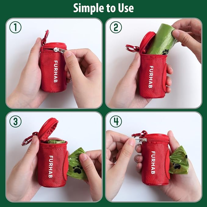 FURHAB Dog Poop Bag Holder for Leash Doggie Waste Bag Dispenser Soft Fabric Puppy Potty Carrier Small Doggy Zipper Pouch with Carabiner Clip 1680D Nylon Oxford with 1 Roll of Pet Trash Bags, Red