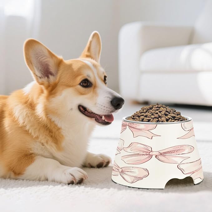 YETTASBIN Bow Pink Elevated Dog Bowls, Prevention of Vertebrae Disease Raised Dog & Cat Bowl Stand with Removable Stainless Steel Bowls, Non-Slip Spill-Proof Pet Food & Water Bowl Dish