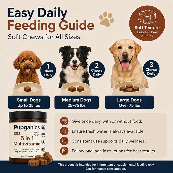 Pupganics Multivitamin Daily Soft Chews for Dogs, Itch Relief Chews, Beef | Twelve active ingredients with Salmon oil, Probiotics, Glucosamine & Essential Vitamins for everyday dog wellness.60 Count