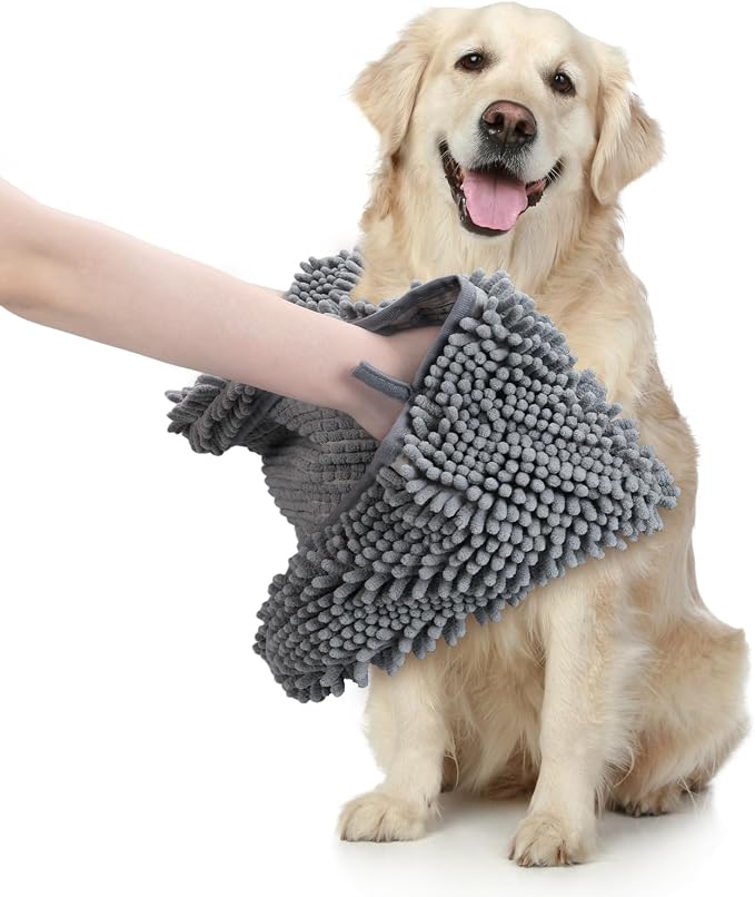 WOUSEDO Quick Dry Shammy Dog Towel, Super Absorbent Microfiber & Chenille Pet Bath Towel for Dogs, Extra Large 13.8 x 31.5 Inches, Wash Grooming Towels for Small to Large Pets (1- Pack Grey)