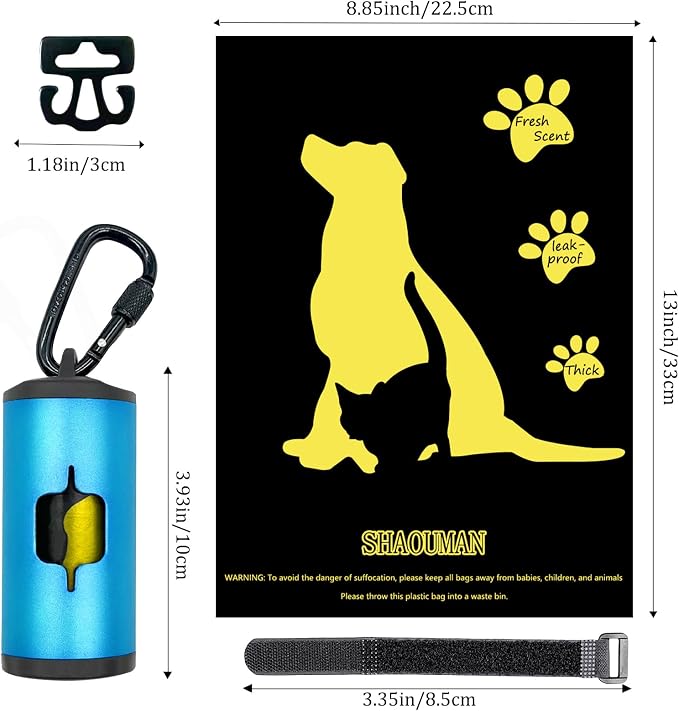 Metal Dog Poop Bag Holder 2-Pack w/Leash Clip|Durable Scratch-Resistant Aluminum|30 Bags+6 Accessories（Blue）