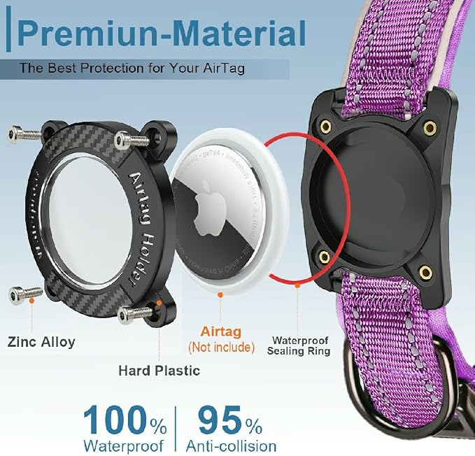 Upgrade Dog Collar with AirTag Holder, IP68 Waterproof, Purple, XL | 1000D Nylon, Reflective Stitching for Night Visibility, Adjustable Soft Padded, Ultra-Durable, for Small Medium Large Dogs
