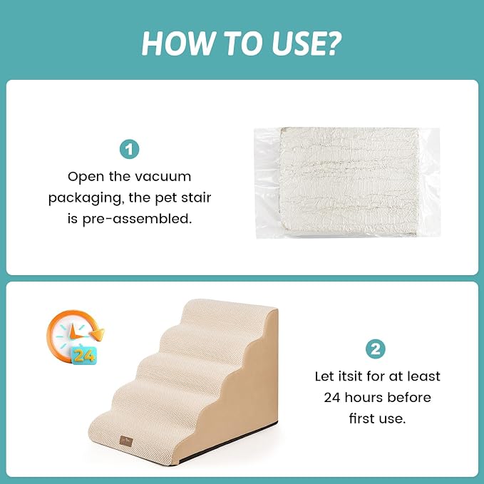 COZY KISS Wide Dog Stairs 19.7" Width, Pet Step for Small Medium/Large Dog, Puppy or Cat, Pet Ramp for High Bed or Car, High Density Foam Ladder, Stable, 5 Step, 19.7x33x22.4 in, Beige