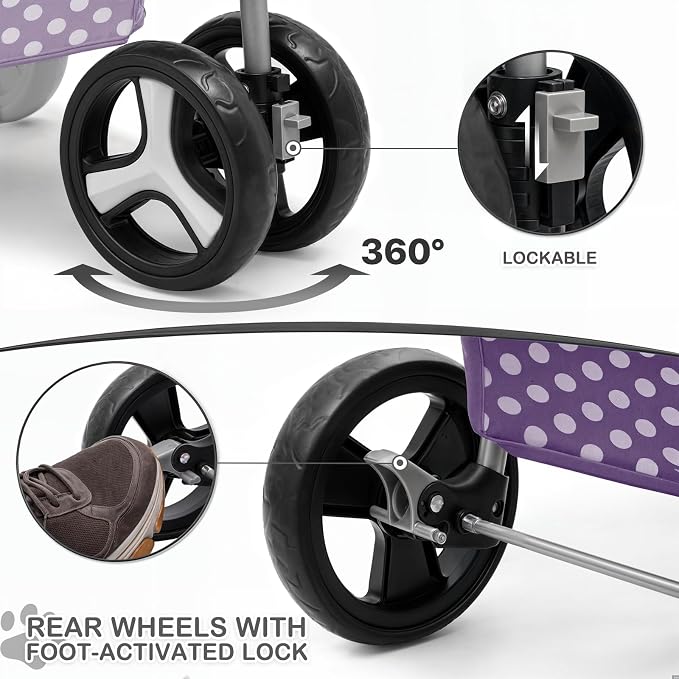 MoNiBloom Foldable Pet Stroller - Purple Polka Dots, 3 Wheels