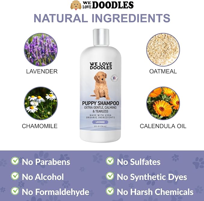 Puppy Shampoo & Conditioner, Tearless Hypoallergenic Wash, Lavender, 8 oz | Best Gentle Tear Free Puppy Shampoo 8+ Weeks Old, Sensitive Skin Golden Doodle Dog & Poodle Bath Soap, Natural, Made In USA