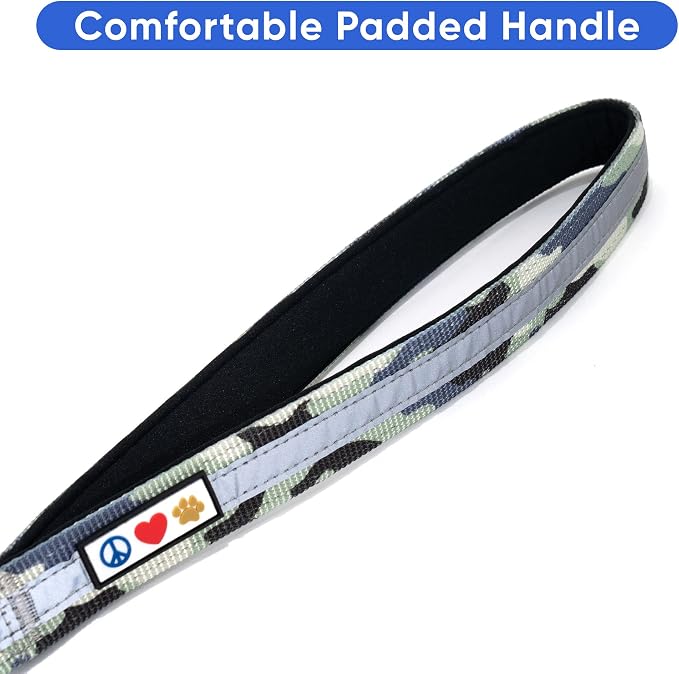 Pawtitas Short Reflective Dog Leash with Padded Handle for Heavy Duty Training Medium Large and Extra Large Dogs | Nylon Dog Lead with Webbing Highly Reflective Stripe - Camouflage Grey Leash