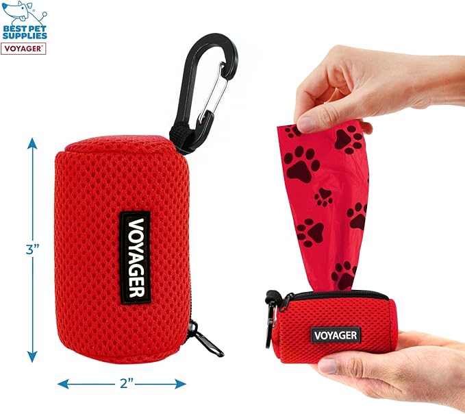 Best Pet Supplies Dog Poop Bag Holder Leash Attachment with 15 Bags, Red, Reusable Mesh Dispenser Pouch for Travel, Walking, Park, and Outdoor Use, Soft and Durable with Clip-On