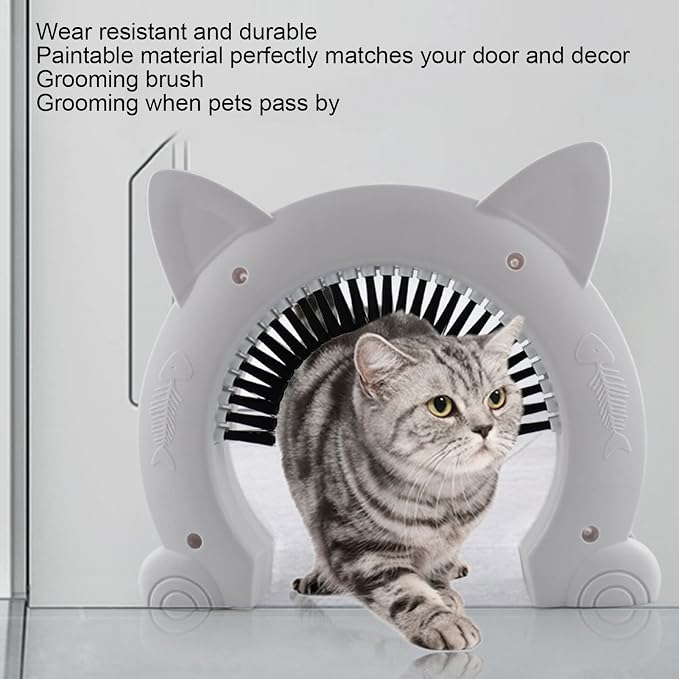Cat Door Interior Door with Grooming Brush,Cat Brush for Long or Semi Short Haired for Shedding Removing Loose Fur and Massage (White)