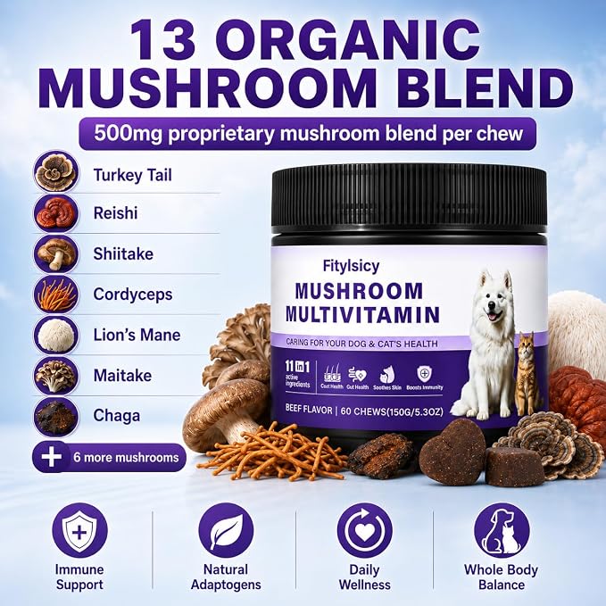 Mushroom Supplement for Dogs & Cats, 11-in-1 Pet Multivitamin Soft Chews, 13 Organic Mushrooms with Glucosamine, Chondroitin, MSM & Omega-3, Immune, Gut, Joint, Skin & Coat Support, Beef, 60 Count