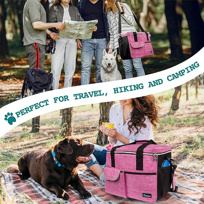 PetAmi Dog Travel Bag Organizer with Food Container & Bowls, Pink, Medium