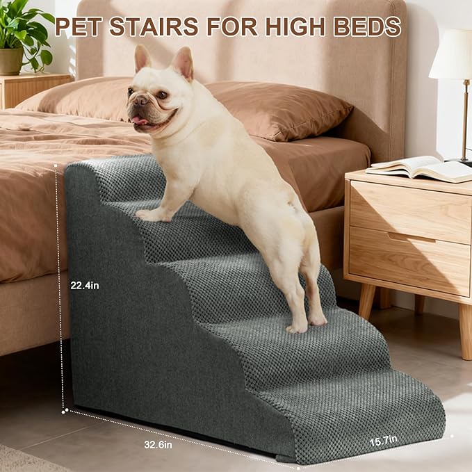 Aodisman Dog Stairs for Bed 22.4”H,5-Step Dog Ramp for Small Dogs & Cats,Pet Steps for Dogs to get on High Bed, Indoor Anti-Slip Pet Stairs for Old Cats and Puppy,Grey