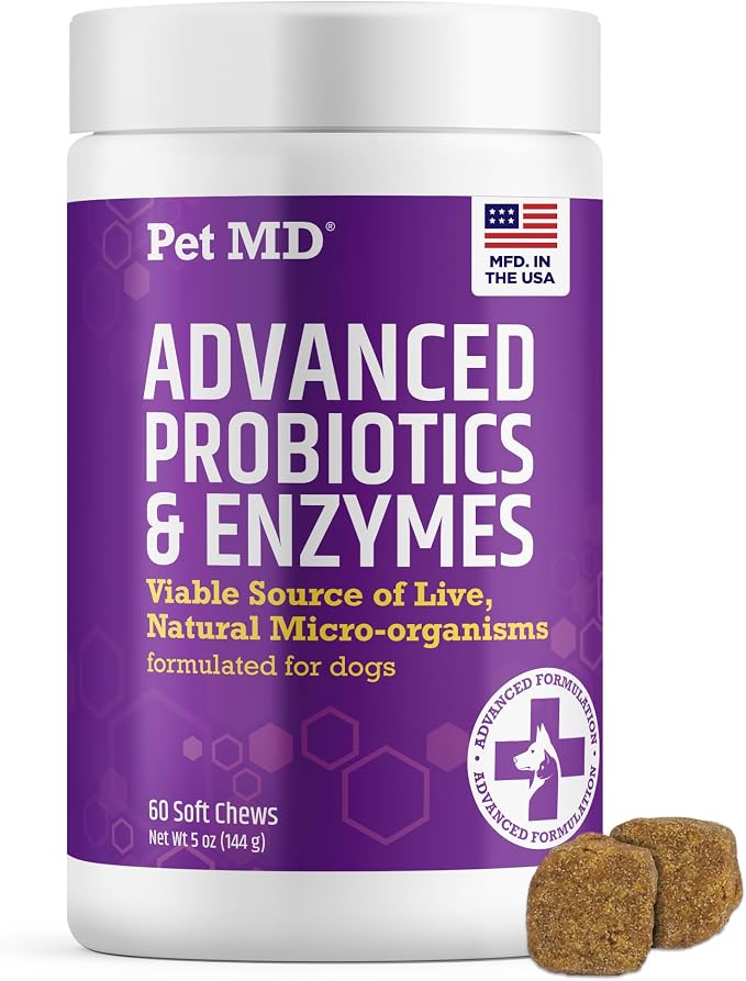 Pet MD Probiotics & Enzymes for Dogs - Gut Health Chews w/Prebiotic - 60ct