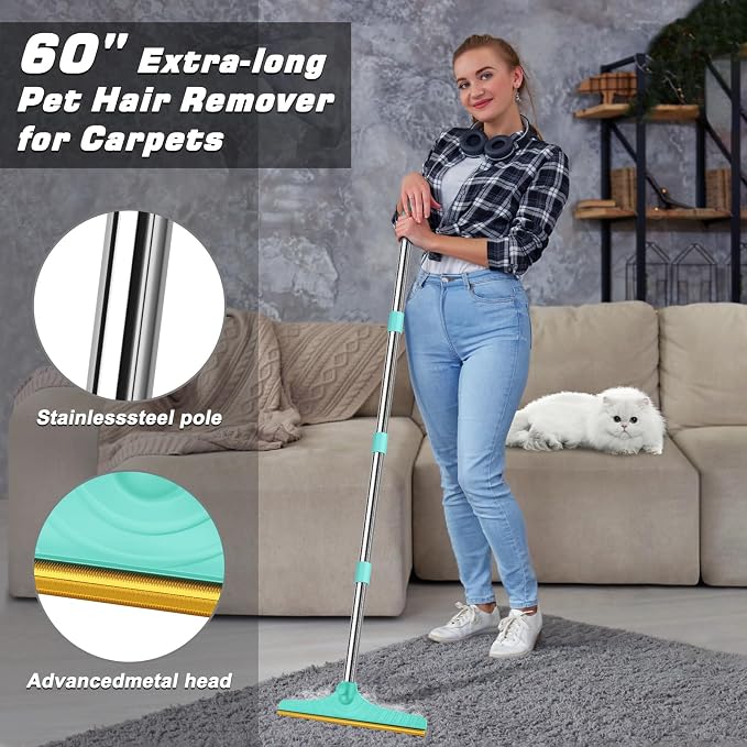 B-Land Carpet Rake for Pet Hair Removal, Reusable Pet Hair Remover with 60” Adjustable Long Handle, Carpet Scraper Dog Cat Hair Remover Tool for Rugs, Mats, Couch, Furniture Blue