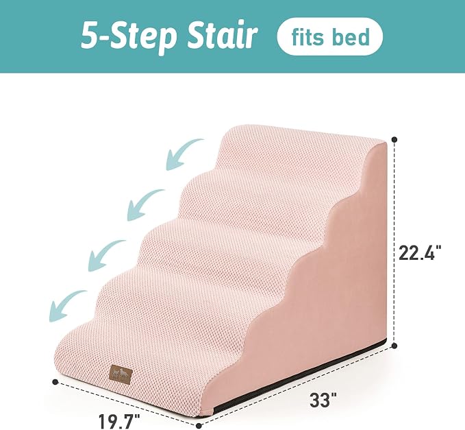 COZY KISS Extra Wide Dog Stair for Small Dog, 5 Step Pet Ramp for Bed | Curved Stable Dog Step for Puppy, Older Cat, Senior, Medium, Short-Legged Dog, Non-Slip Ladder for High Bed, 22.4" H, Pink