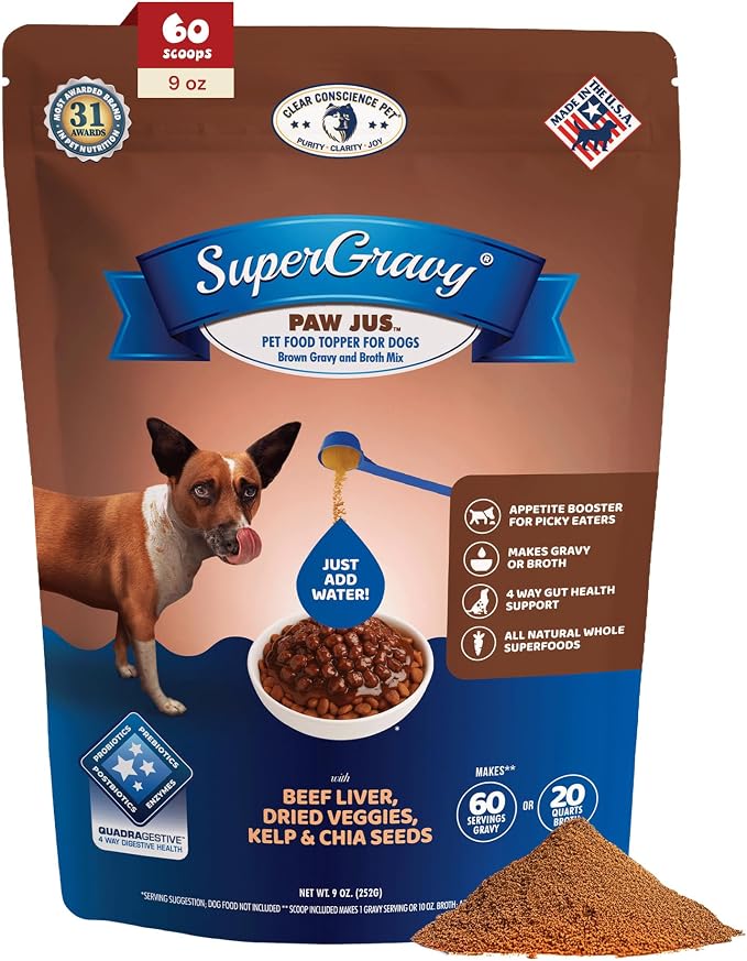 CLEAR CONSCIENCE PET® Paw Jus SuperGravy® Dog Food Topper Hydration Broth Mix Greek Yogurt Cheese Blend Kibble Seasoning Probiotics Prebiotics Enzymes Taurine 9 oz. 60 Scoop, All Life Stage