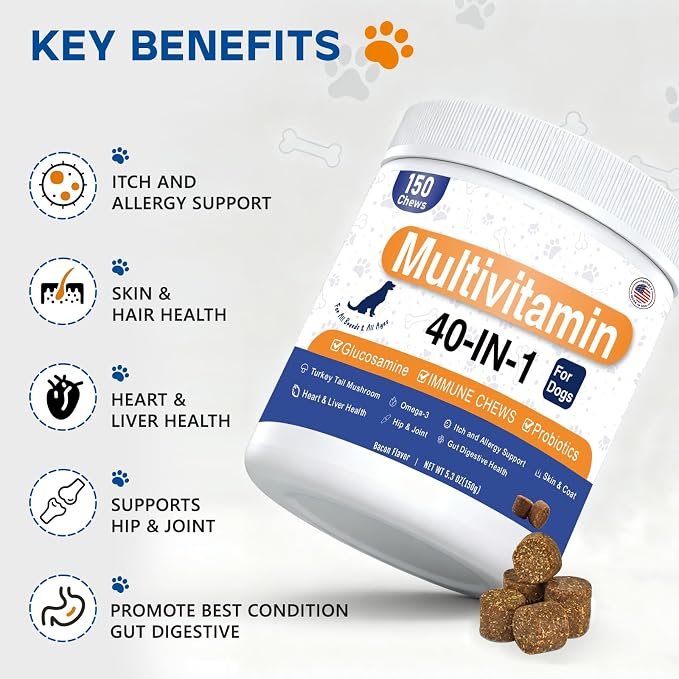 Dog Vitamins and Supplements, Dog Multivitamin Chewable with Glucosamine Probiotics Omega-3, Multivitamin for Dogs Skin Coat Heart Joint Liver Brain Eyes Immune Support, Bacon Flavor, 150 Count