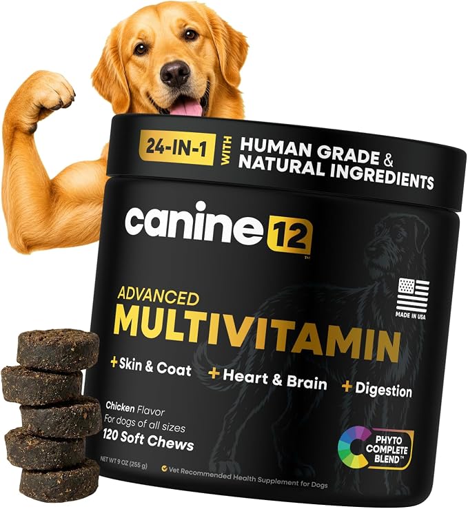 Dog Multivitamin, 24-in-1 Chewable Supplement, Probiotics, 120ct | Vitamins A, B, C, D, and E for Skin and Shiny Coat, Digestive Health Blend, Heart and Eye Health, Daily Chew, Chicken Flavor