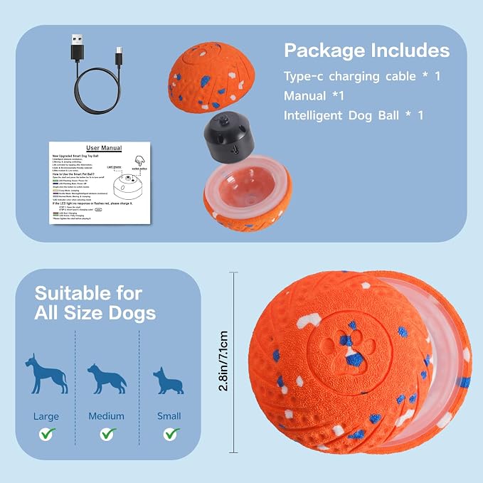 Interactive Dog Ball, Smart Moving Dog Toy with Colorful Lights, 3 Interactive Modes and TPU Material, Bouncing Ball for Dogs to Keep Them Entertained